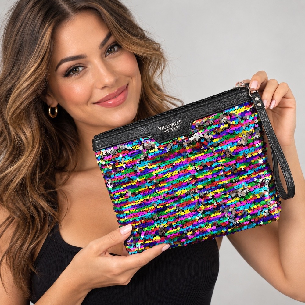 Victoria's Secret Rainbow Sequin Wristlet Clutch Bag Black Faux Leather Zip